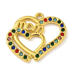 Colorful Ion Plating(IP) Real 18K Gold Plated 304 Stainless Steel Rhinestone Pendants, Heart with Word Mom Charms, for Mother's Day, Colorful, 19x22x2mm, Hole: 1.6mm