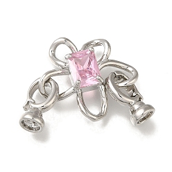 Platinum Brass Fold Over Clasps, Micro Pave Pink Cubic Zirconia, Cadmium Free & Nickel Free & Lead Free, Flower, Platinum, 40mm