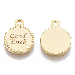 Real 18K Gold Plated Brass Charms, Nickel Free, Flat Round with Word Good Luck, Real 18K Gold Plated, 13.5x10.5x1.5mm, Hole: 1.5mm