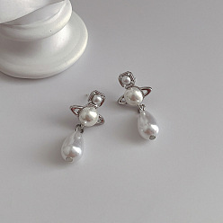 Silver pearl s925 silver needle Design Sense Water Drop West Saturn Pearl Earring Fashion Personality Temperament Simple Versatile Stud Earrings