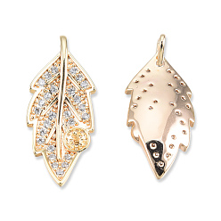 Real 18K Gold Plated Brass Micro Pave Clear Cubic Zirconia Leaf Peg Bails Pendants, Cadmium Free & Nickel Free & Lead Free, Real 18K Gold Plated, 24.5x10x5mm, Hole: 1.6mm