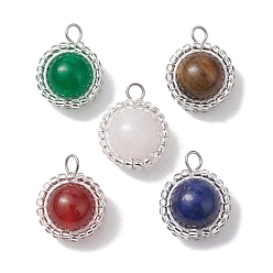 Platinum Mixed Gemstone Pendants, Round Charms with Glass Seed Bead Wrapped, Platinum, 18.5x14.5x10mm, Hole: 2.8mm
