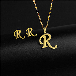 Letter R Golden Stainless Steel Initial Letter Jewelry Set, Stud Earrings & Pendant Necklaces, Letter R, No Size