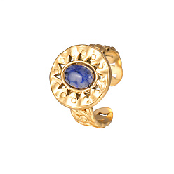 Blue Golden Stainless Steel Flat Round Open Cuff Ring, with Synthetic Turquoise, Blue, No Size