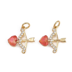 Золотой Латунные подвески, с микропаве из кубического циркония и прыжковыми кольцами, Стрела купидона / херувима, на день Святого Валентина, ясным и красным, золотые, 16.5x15.8x3 мм, отверстие : 3.2 мм