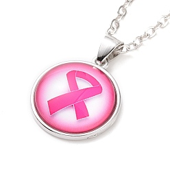 Others Glass Flat Round Pendant Necklace with Brass Chain, Breast Cancer Awareness Ribbon Jewelry for Women, Ribbon Pattern, 18.70 inch(47.5cm)