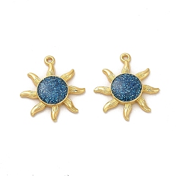 Steel Blue Brass Pendants, with Enamel, Real 18K Gold Plated, Glitter Sun Charm, Steel Blue, 22x20x4mm, Hole: 1.2mm
