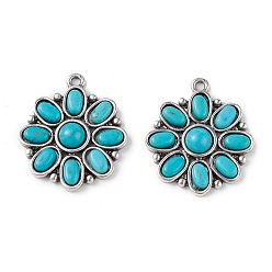 Antique Silver Synthetic Turquoise Pendants, with Alloy Findings, Flower Charms, Antique Silver, 28x24x4.5mm, Hole: 2mm