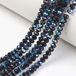 Black Electroplate Opaque Solid Color Glass Beads Strands, Half Rainbow Plated, Faceted, Rondelle, Black, 4x3mm, Hole: 0.4mm, about 105~110pcs/strand, 38~39cm