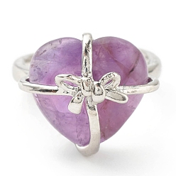 Amethyst Natural Amethyst Heart with Bowknot Adjustable Ring, Platinum Plated Brass Jewelry for Women, Cadmium Free & Lead Free, Inner Diameter: 16.7~21.2mm