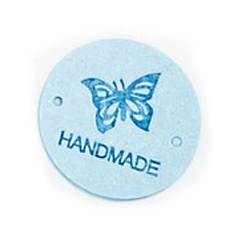 Light Sky Blue Microfiber Leather Label Tags, Handmade Embossed Tag, with Holes, for DIY Jeans, Bags, Shoes, Hat Accessories, Flat Round with Butterfly, Light Sky Blue, 25mm