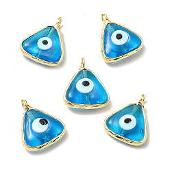 Deep Sky Blue Handmade Lampwork Pendants, with Eco-friendly Light Gold Brass Findings, Long-Lasting Plated, Cadmium Free & Lead Free, Triangle with Evil Eye Charm, Deep Sky Blue, 16x13.5x4~4.5mm, Hole: 2mm