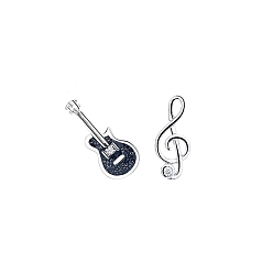Black Alloy with Enamel Stud Earrings, Musical Note & Guitar Asymmetrical Earrings, Black, 6x14mm, 5x12mm
