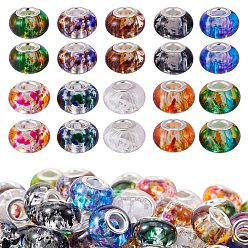 Mixed Color 150Pcs 10 Colors Resin European Beads, Large Hole Beads, with Silver Color Plated Brass Cores, Rondelle, Mixed Color, 14x8.5~9mm, Hole: 5mm, 15pcs/color
