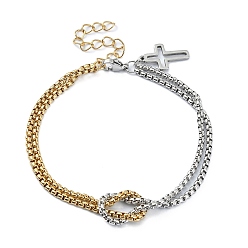 Golden & Stainless Steel Color 304 Stainless Steel Hollow Cross Charm Bracelet with Double Layer Box Chains, Golden & Stainless Steel Color, 7-1/2 inch(18.9cm)