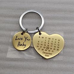 Golden & Stainless Steel Color Stainless Steel Pendants Keychain, with Key Rings, Heart with Calendar & Flat Round with Word I Love You, Golden & Stainless Steel Color, 2.5x3cm, Ring: 25mm