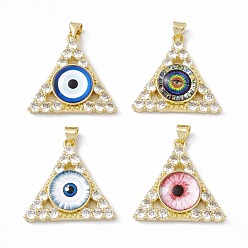 Mixed Color Rack Plating Brass Micro Pave Clear Cubic Zirconia Pendants, with Resin, Real 18K Gold Plated, Long-Lasting Plated, Cadmium Free & Lead Free, Triangle with Evil Eye, Mixed Color, 27x27.5x7.5mm, Hole: 4x3mm