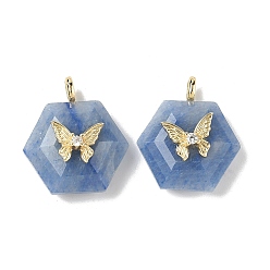 Синий Авантюрин Натуральный синий авантюрин (окрашенный и нагретый) граненые подвески, Шестиугольные подвески с латунной паве из прозрачных кубических цирконий в форме бабочки, реальный 18 k позолоченный, долговечный, стойки покрытие, 22x19x10 мм, отверстие : 3.5x2 мм