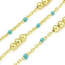 Темно-бирюзовый Цепочка из латунных эмалевых круглых бусин, пайки, с катушкой, долговечный, без кадмия и без свинца, реальный 18 k позолоченный, темные бирюзовый, 12x3.5 мм