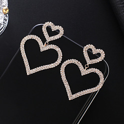 golden Fashionable Heart-shaped Diamond Earrings - Chain Heart Pendant E675.