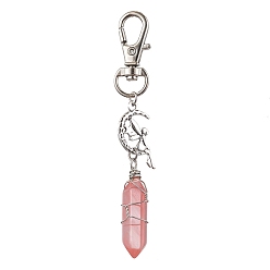 Watermelon Stone Glass Pointed Watermelon Stone Glass Pendant Decorations, with Alloy Pendants and Swivel Lobster Claw Clasps, Fairy and Bullet, 87mm