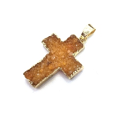 Orange Natural Druzy Agate Pendants, Dyed, Religion Cross Charms with Golden Tone Metal Findings, Orange, 31x23mm