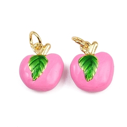Pink Латунные эмалевые подвески в виде фруктовых яблок, с прыжковых колец, золотые, стойки покрытие, без кадмия и без свинца, долговечный, розовые, 14x12x5.5 мм, отверстие : 3 мм