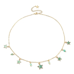 Pale Green Natural Agate Round & Alloy Enamel Star Charms Bib Necklace with 304 Stainless Steel Chains, Pale Green, 15.94 inch(40.5cm)
