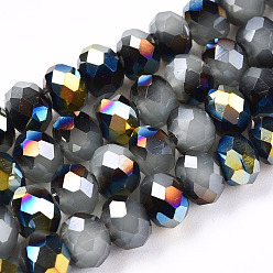 Светло-серый Стеклянные бусины с гальваническим покрытием , имитация нефрита, гальваническое покрытие, половина зеленого покрытием, граненые, рондель, светло-серый, 6x5 мм, отверстие : 1 мм, около 80~85 шт / нитка, 38~40 см