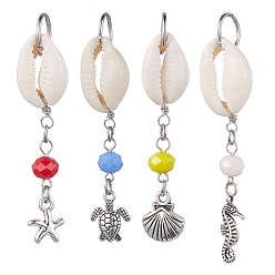 Mixed Color Natural Cowrie Shell Pendant Decorations, with Glass Beads and Tibetan Style Alloy Charms, Starfish/Shell/Sea Horse/Turtle, Mixed Color, 65~73mm