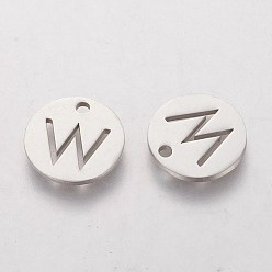 Letter W 201 Stainless Steel Charms, Flat Round with Letter, Stainless Steel Color, Letter.W, 12x1mm, Hole: 1.5mm