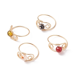 Mixed Stone Round Natural Gemstone Braided Finger Ring, Golden Copper Wire Wrap Jewelry for Women, US Size 9 1/2(19.3mm)