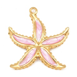 Pink 304 Stainless Steel Enamel Pendants, Starfish Charms, Ion Plating(IP), Real 18K Gold Plated, Pink, 43x40x3mm, Hole: 3mm