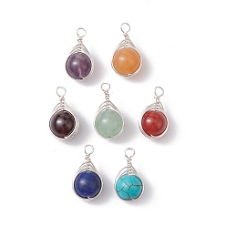 Silver Natural & Synthetic Mixed Gemstone Copper Wire Wrapped Pendants, Round Charms, Silver, 15~16x9x8.5mm, Hole: 2mm