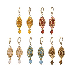 Mixed Stone Gemstone Leveback Earrings for Women, Oval, with Glass Seed, 304 Stainless Steel Leverback Earrings for Women, Real 18K Gold Plated, 54x13.5mm