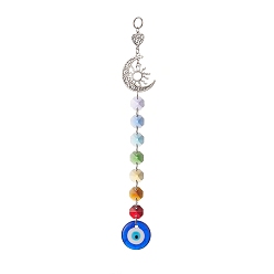 Colorful Handmade Lampwork Evil Eye Pendants Decorations, with Chakra Octagon Glass Link and Moon/Sun Alloy Pendants, Colorful, 235x37x7.5mm