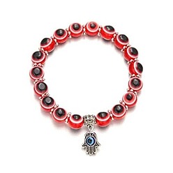 Red Resin Bead Evil Eye Bracelet with Hamsa Hand Pendant Jewelry