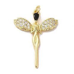 Black Rack Plating Brass Micro Pave Cubic Zirconia Pendants, Cadmium Free & Lead Free, Long-Lasting Plated, Real 18K Gold Plated, Fairy, Black, 33x24x3.5mm, Hole: 2.8mm