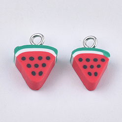 Red Handmade Polymer Clay Pendants, with Iron Findings, Imitation Food, Watermelon, Platinum, Red, 14.5~15x10~11x4.5mm, Hole: 1.8mm