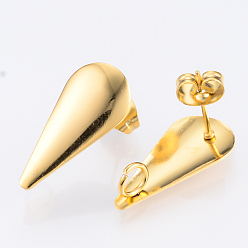 Golden 304 Stainless Steel Stud Earring Findings, with Loop, Teardrop, Golden, 20x9mm, Hole: 2.5mm, Pin: 0.8mm