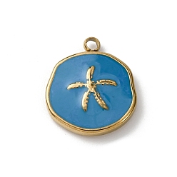 Озёрно--синий 304 нержавеющей стальной эмали подвески, плоский круглый с подвесками в виде морских звезд, золотые, ионное покрытие (ip), Плут синий, 18x15x3 мм, отверстие : 1.8 мм