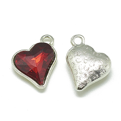 Red Alloy Glass Pendants, Faceted, Heart, Platinum, Red, 17x15x5mm, Hole: 1.5mm