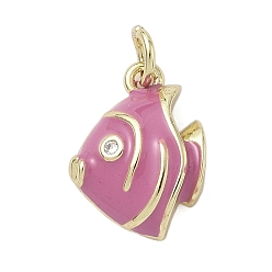 Фуксиновый Латунь эмаль подвески, стойки покрытие, долговечный, без свинца и без кадмия, реальный 18 k позолоченный, очарование рыбы, с целью перехода в кольце, красно-фиолетовые, 15x11x4.5 мм, отверстие : 3.2 мм