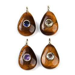 Тигровый глаз Природных тигровый глаз подвески, подвески в форме слезы с латунной микропаве с кубическими цирконами разных цветов, золотые, 20x12x6.5 мм, отверстие : 2x1 мм