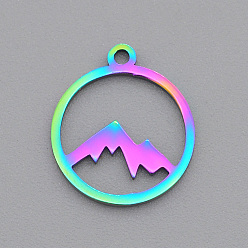 Rainbow Color Ion Plating(IP) 201 Stainless Steel Laser Cut Pendants, Mountain, Rainbow Color, 14x12x1mm, Hole: 1mm