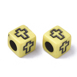 Yellow Acrylic Beads, Cube with Cross, Yellow, 6x6x6mm, Hole: 3mm, about 30000pcs/5000g