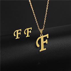 Letter F Golden Stainless Steel Initial Letter Jewelry Set, Stud Earrings & Pendant Necklaces, Letter F, No Size