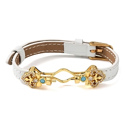 Белый Регулируемый браслет из коровьей кожи для изготовления бусин, с фурнитурой в виде цветов из латуни, инкрустированной микрофиброй и синтетическим бирюзовым камнем, и застежками из нержавеющей стали., золотые, белые, пригодный для 304 мм бусы, 11 дюйм (9.61 см)