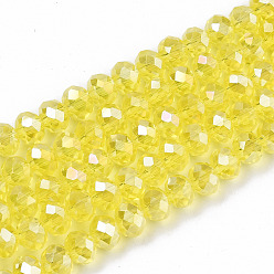 Champagne Yellow Electroplate Glass Beads Strands, AB Color Plated, Faceted, Rondelle, Champagne Yellow, 6x5mm, Hole: 1mm, about 85~88pcs/strand, 16.1~16.5 inch(41~42cm)
