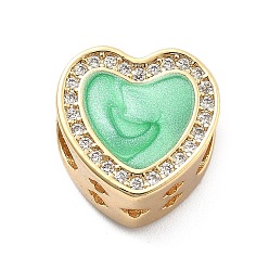 Средний Весенно-Зеленый Стойка покрытие латунь с кубическим цирконием европейские бусины и эмаль, сердце, бусины с большим отверстием, долговечный, без свинца и без кадмия, средний весенний зеленый, 12x12.5x8 мм, отверстие : 5 мм